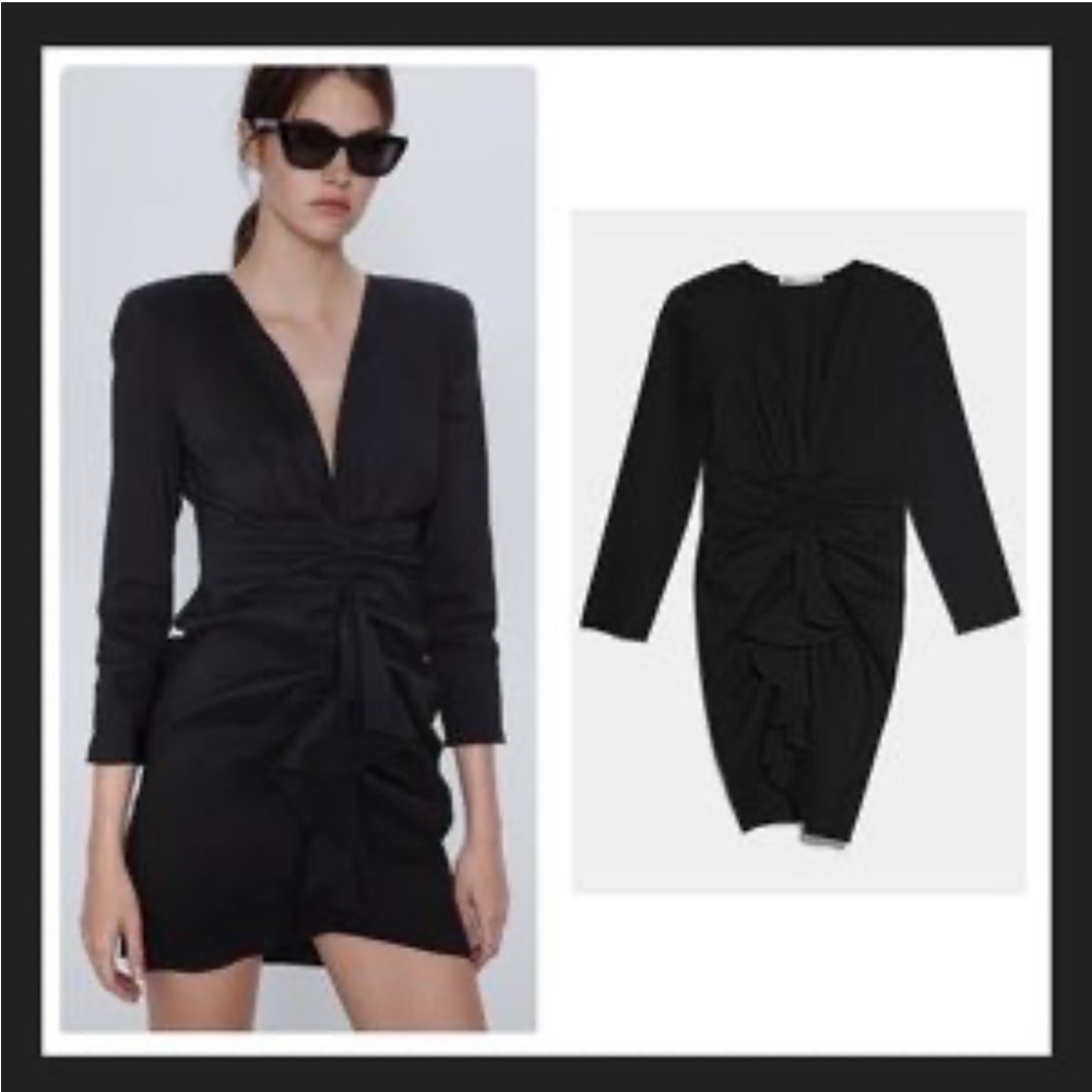 Zara Black Linen Blend Line Ruched Ruffle Front Deep V-Neck Dress Womens Small